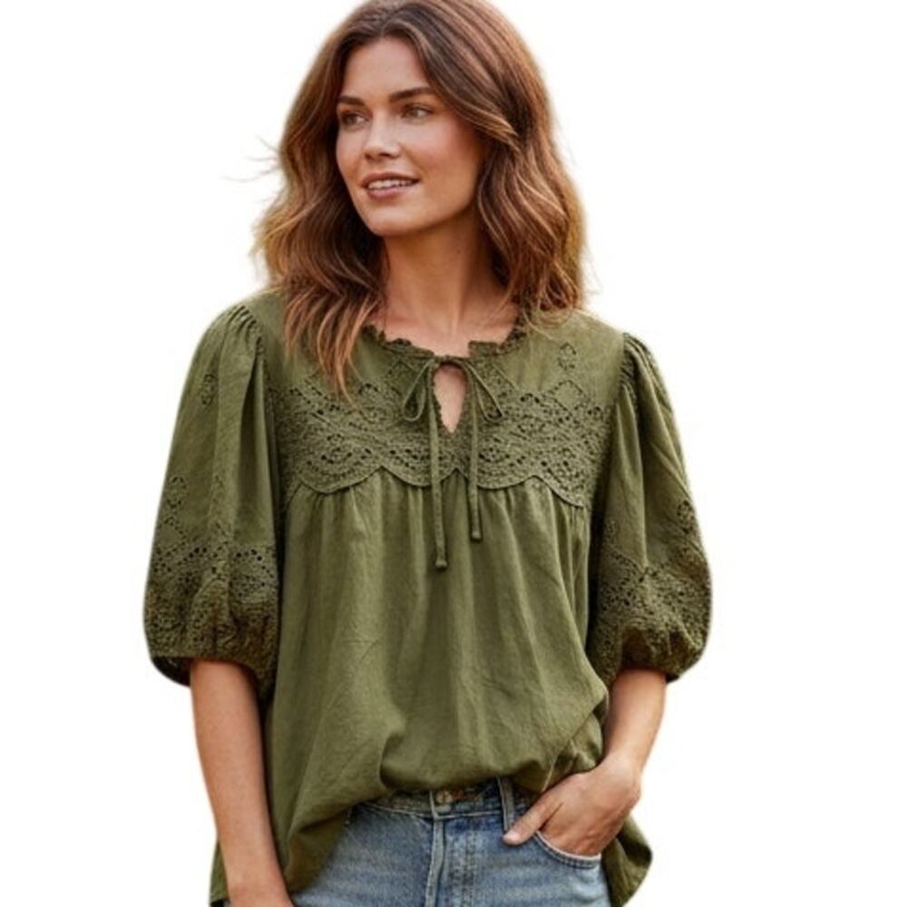Maurices Eyelet Tie Front Blouse Womens XXL Olive Green Puff Sleeve Peasant Top